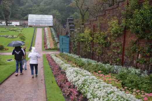 Entering the walled garden. It slopes down to the centre and is divided into the ornamental part (seen here) and the kitchen garden (to the left of this view) with its long double herbaceous border running through it